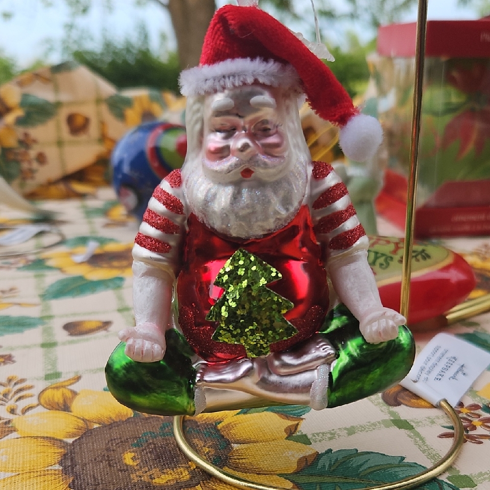 Yoga Santa Glass Ornament